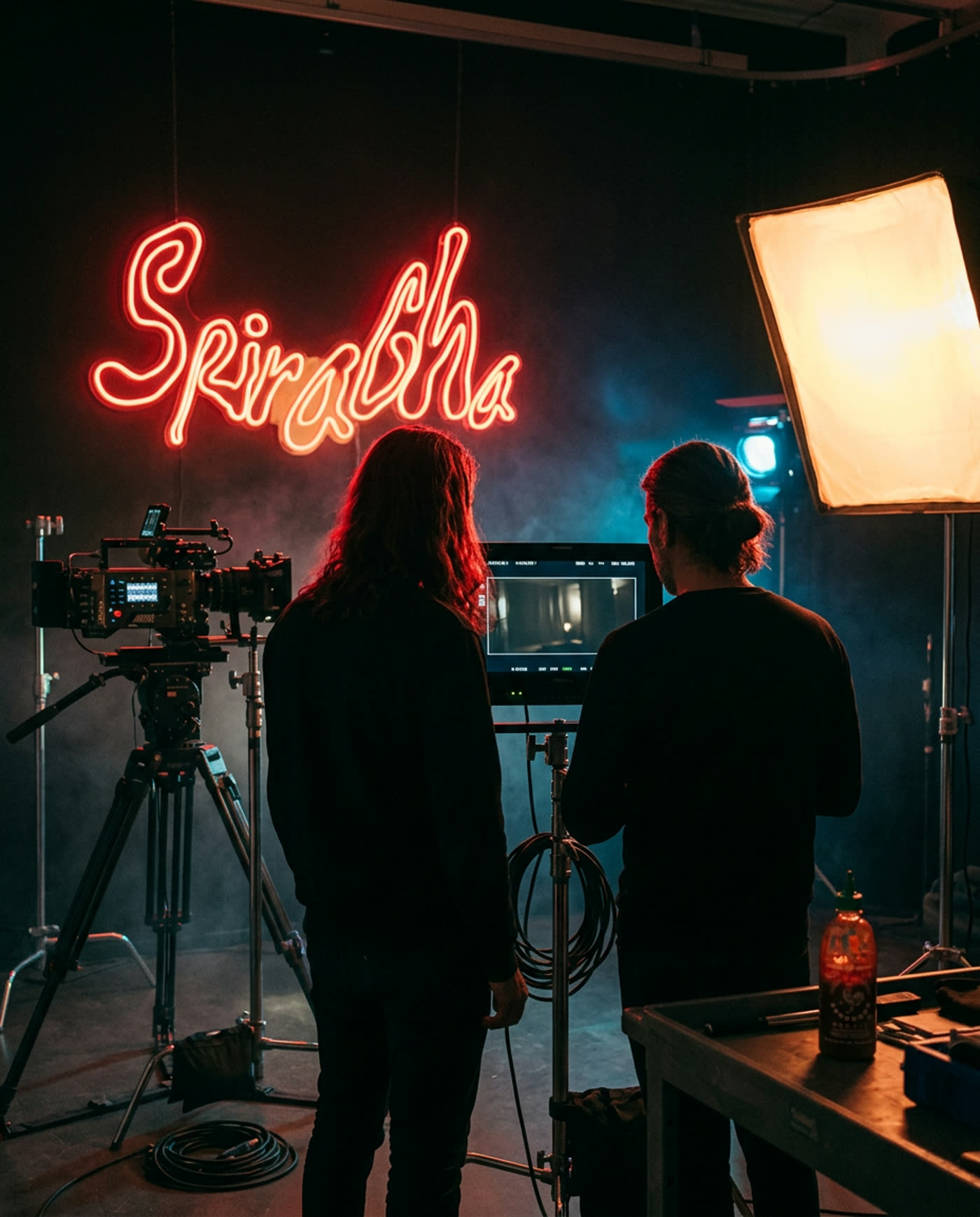Regissörsduon i studion framför Srirachas neonskylt